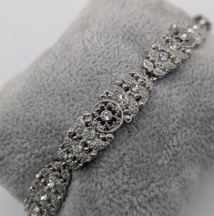 Vintage Silver Tone AB Rhinestone Filigree Panel Bracelet Art Deco Style